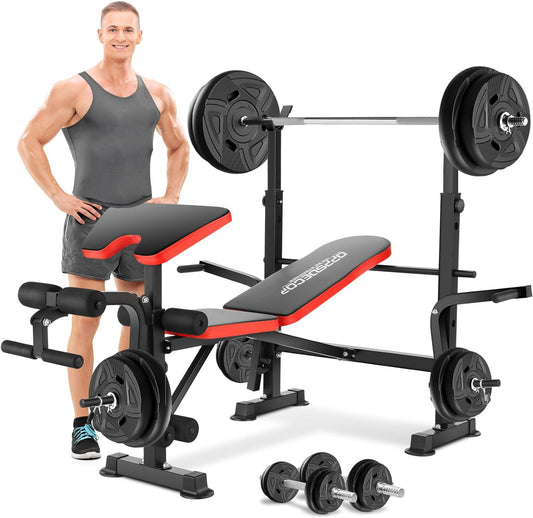 8 in 1 650Lbs Weight Bench Adjustable Workout Bench Set with Squat Rack Olympic Weight Bench Strength Training Leg Developer Preacher Curl and Barbell Rack Incline Seat for Home Gym OPX496